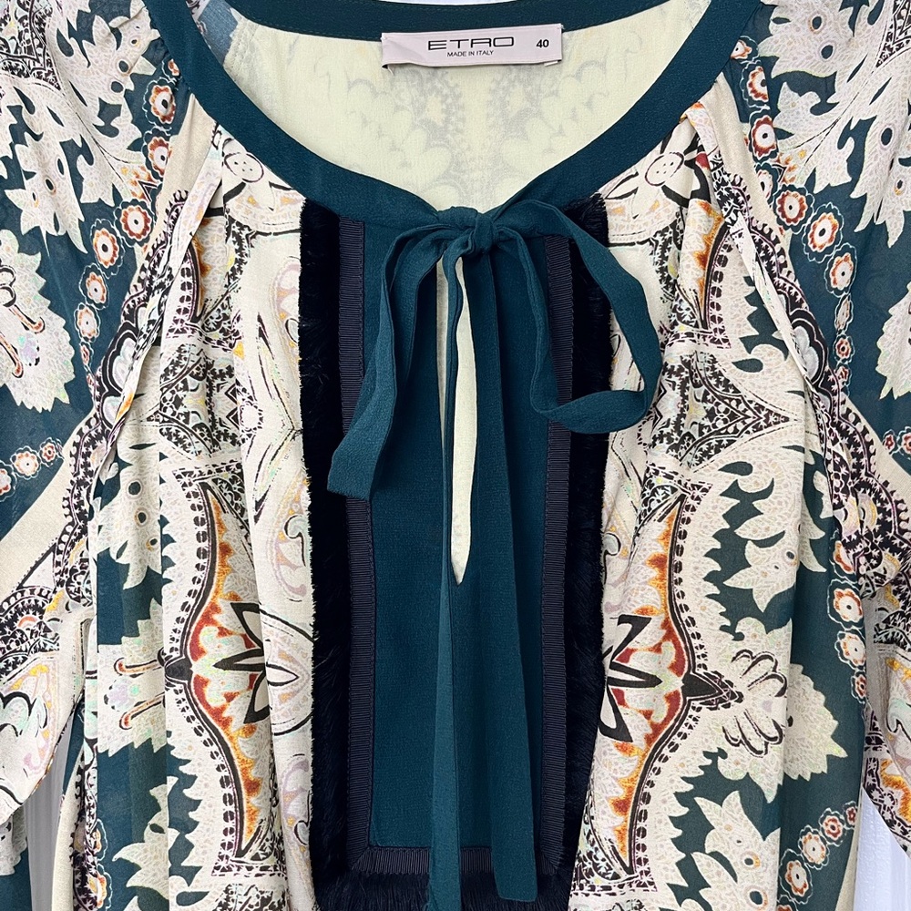 Etro Teal, Cream & Orange Paisley Tie-Neck Dress